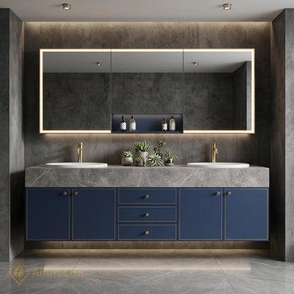 60''-96'' Double Bathroom Vanity with Sink Modern Floating Dark Blue Painted Finish