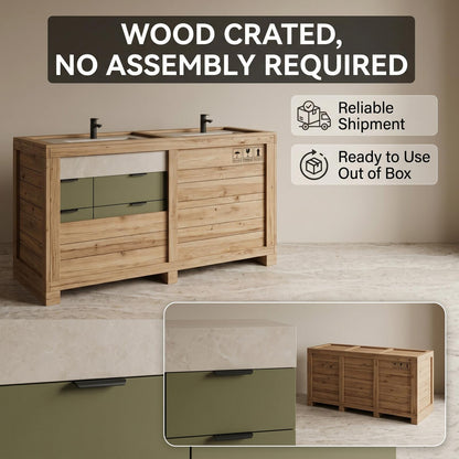 60''-96'' Double Bathroom Vanity with Sink Modern Floating Matte Olive Green Open Shelving