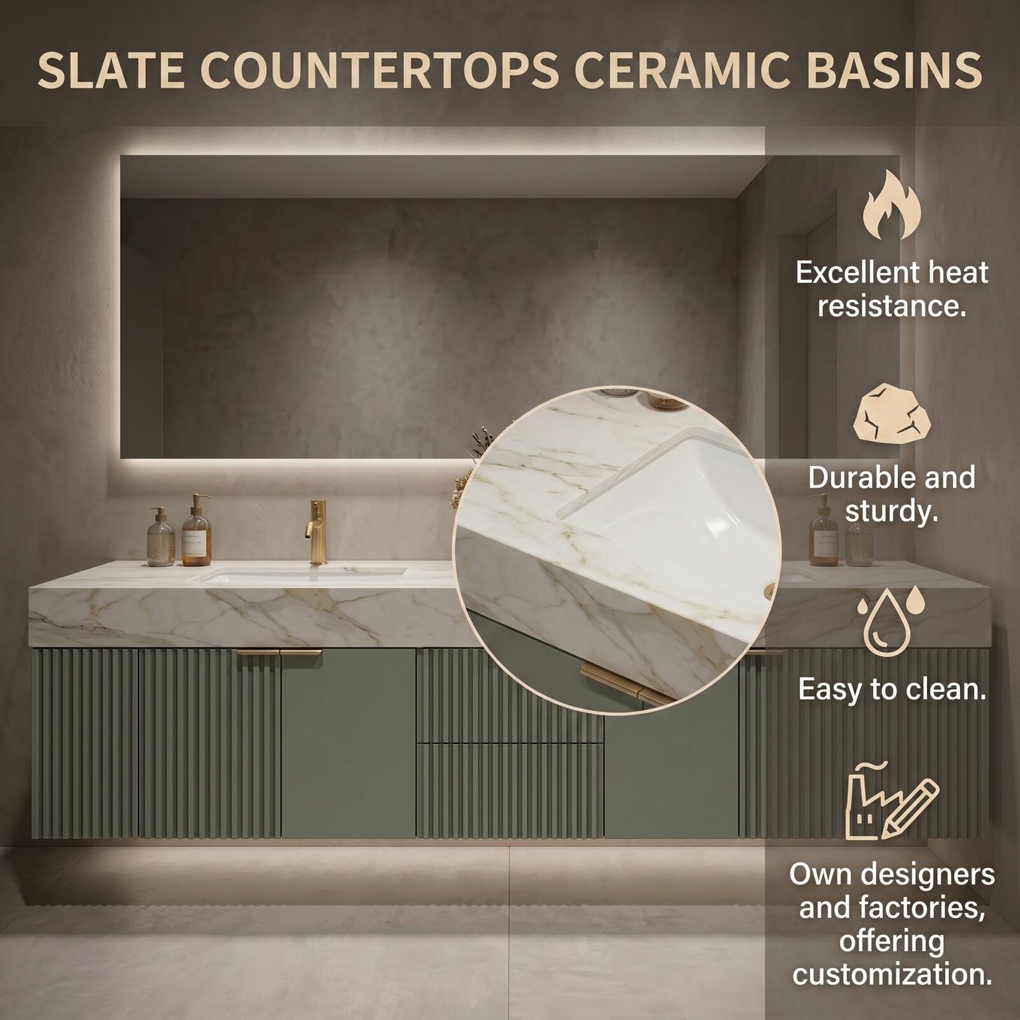 60''-96'' Modern Bathroom Vanity with Sink Double Sink Vertical Fluted Marble Pattern Cabinet