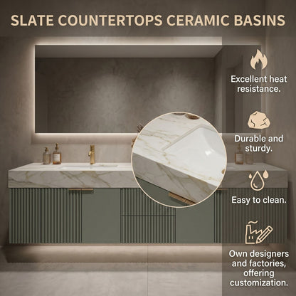 60''-96'' Modern Bathroom Vanity with Sink Double Sink Vertical Fluted Marble Pattern Cabinet