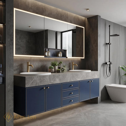 60''-96'' Double Bathroom Vanity with Sink Modern Floating Dark Blue Painted Finish