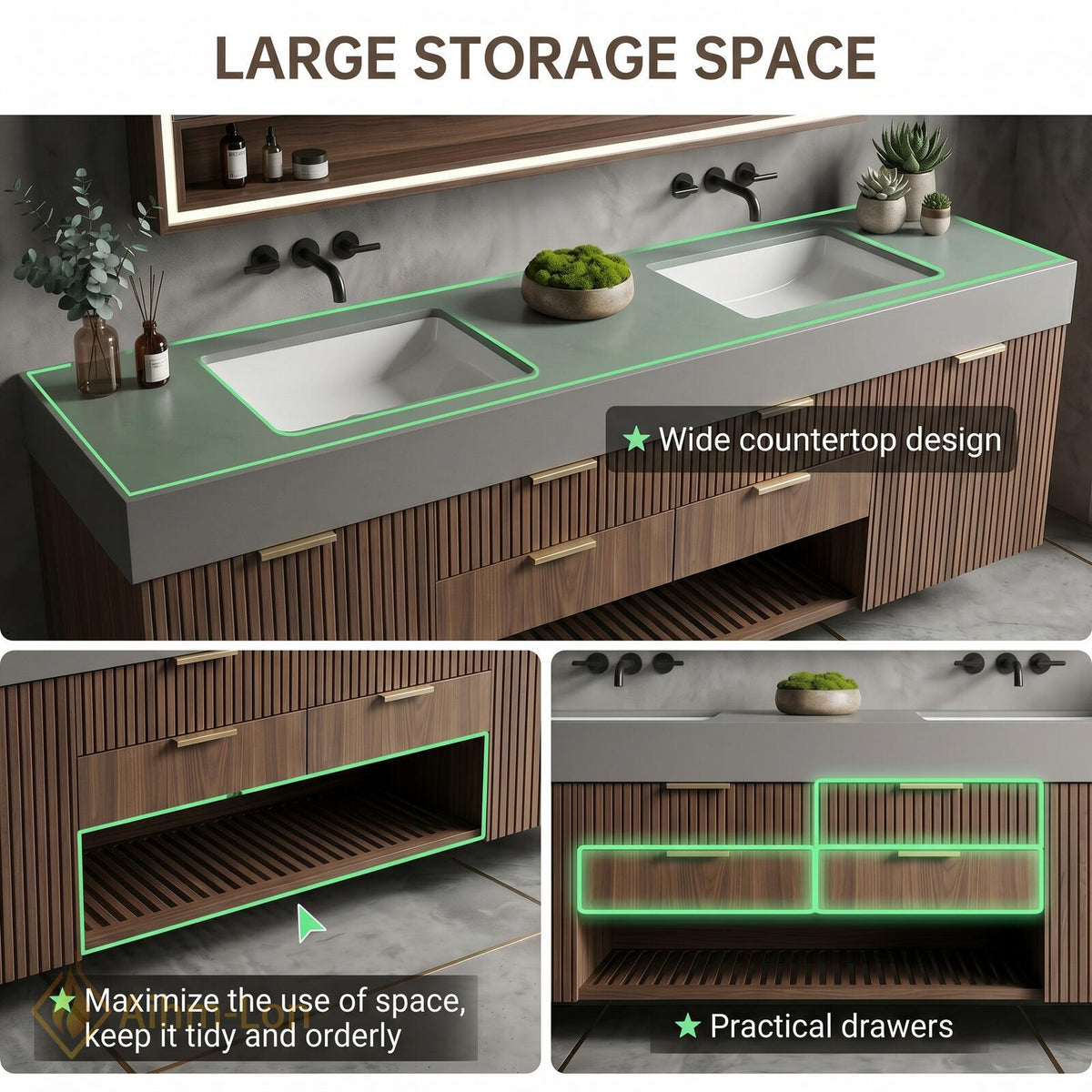 60''-96'' Double Bathroom Vanity with Sink Green Marble Top Deep Blue Storage