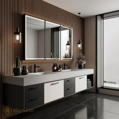 60''-96'' Double Bathroom Vanity with Sink Floating Matte White Finish Open Shelving