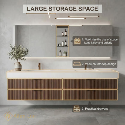 60''-96'' Double Bathroom Vanity with Sink Modern Slatted Wood Front White Solid Storage