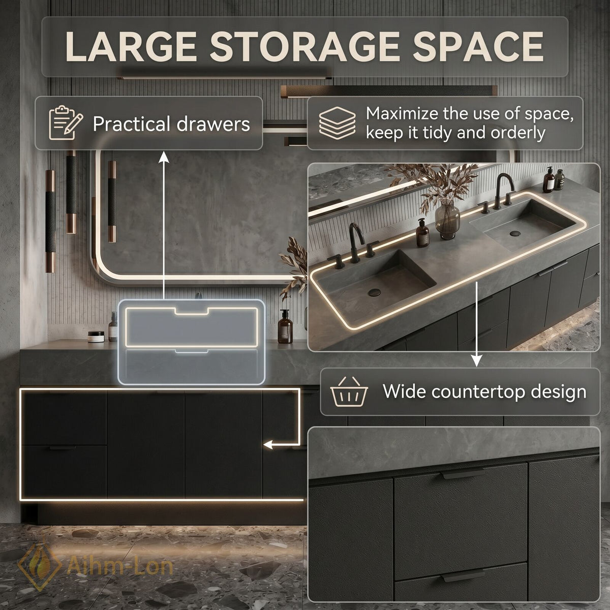 76''-96'' Double Bathroom Vanity with Sink Dark Matte Finish Multiple Drawers
