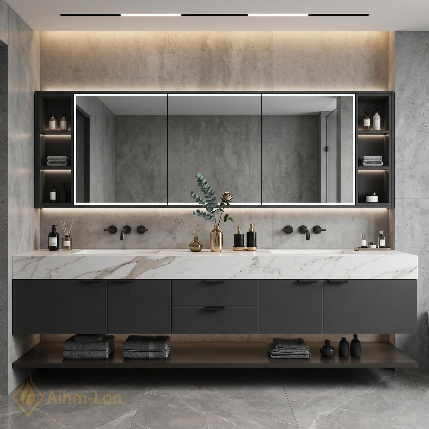 70''-96'' Double Bathroom Vanity with Sink Modern Floating Marble-Look Shelf Large Base