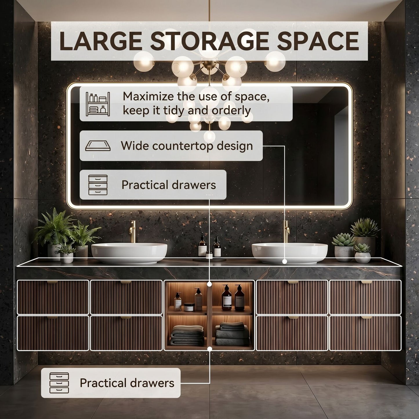 60''-96'' Modern Bathroom Vanity with Sink Dark Stone-Textured Wooden Slatted Front Panels