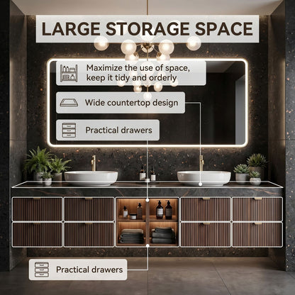 60''-96'' Modern Bathroom Vanity with Sink Dark Stone-Textured Wooden Slatted Front Panels