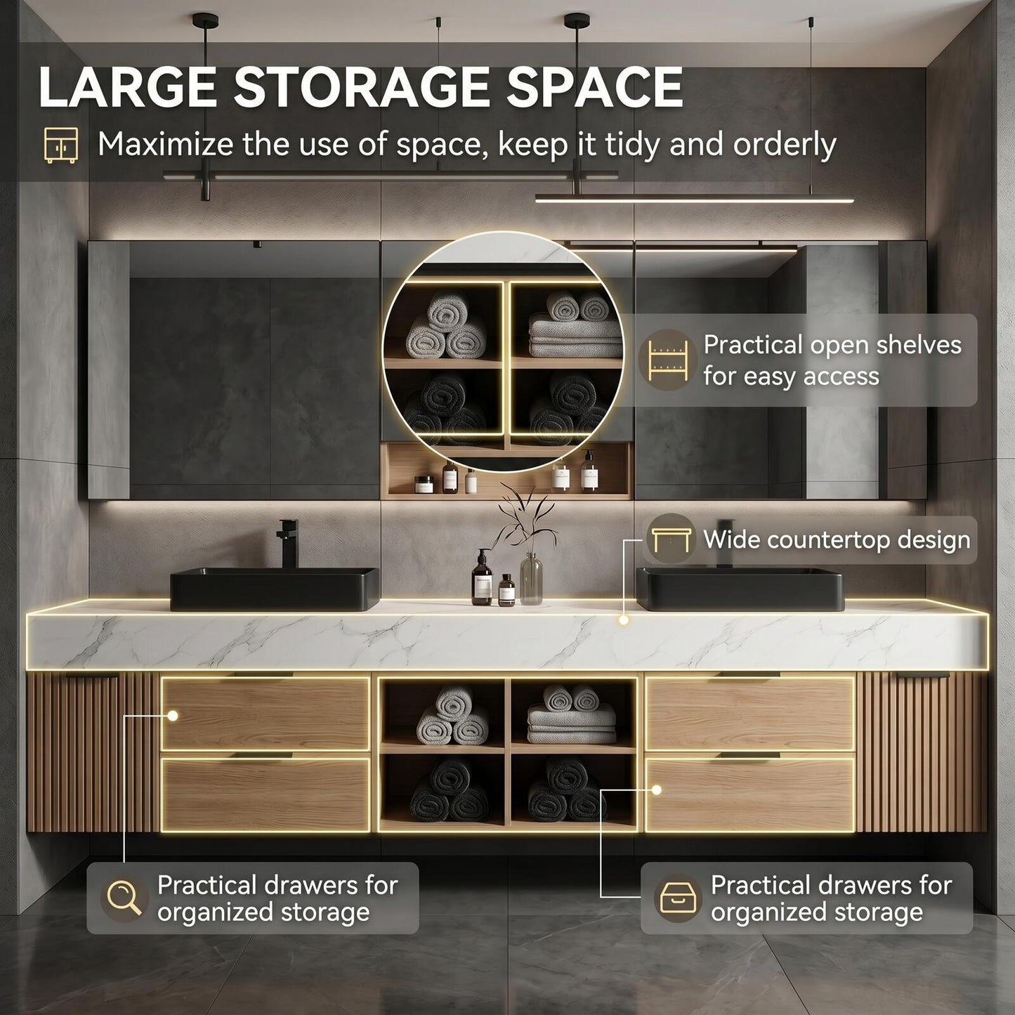 70''-96'' Floating Bathroom Vanity with Sink Double Sink White Marble Light Oak Panels Cabinet