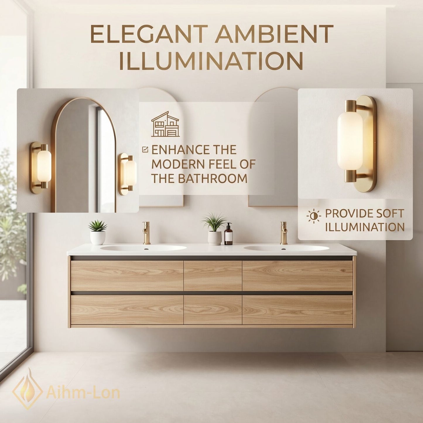 60''-96'' Modern Bathroom Vanity with Sink Floating Oak Grain Gold Tone Drawers