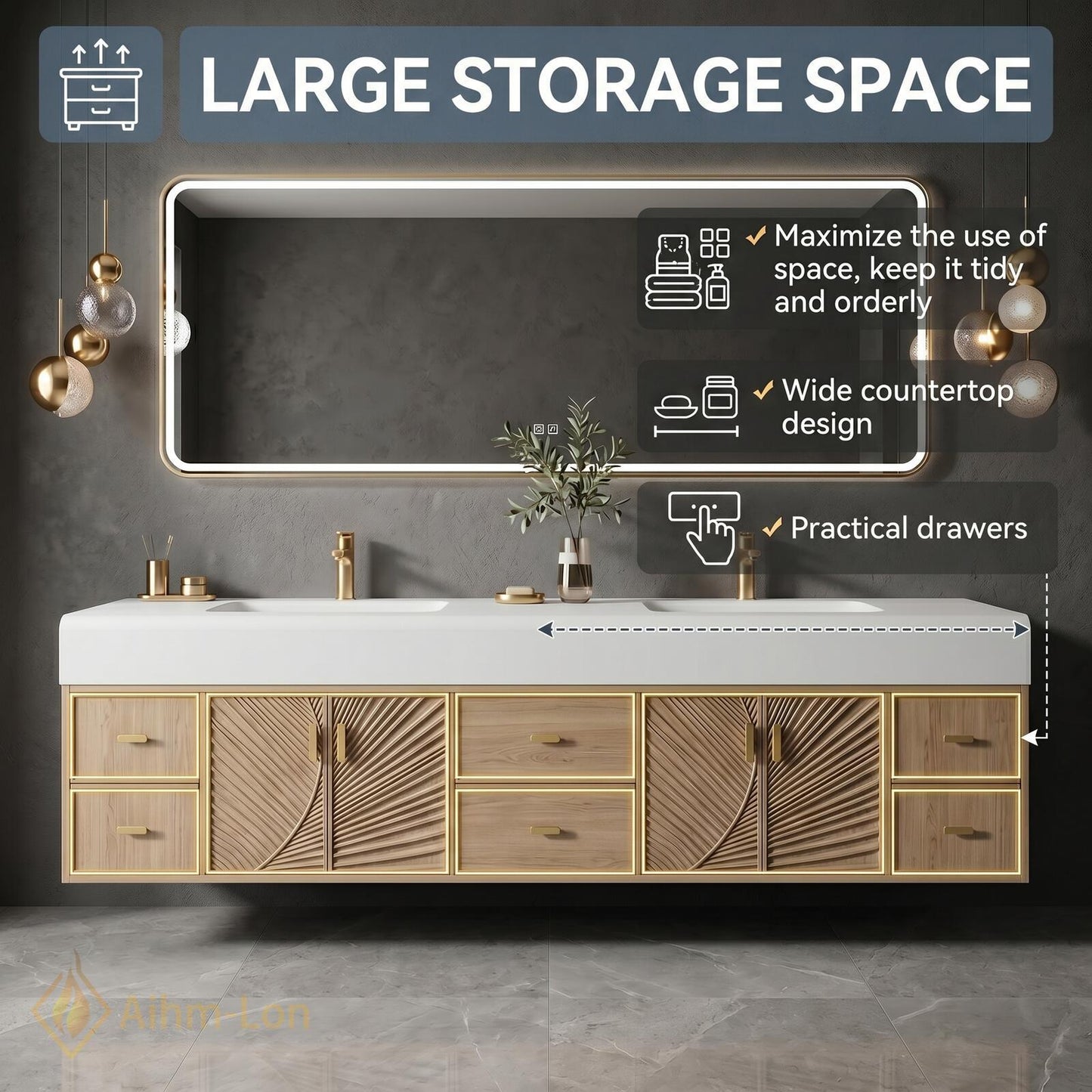 70''-96'' Double Bathroom Vanity with Sink Warm Light-Oak Floating Doors Radiant