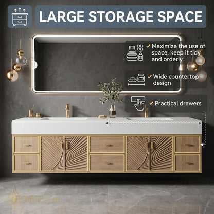 70''-96'' Double Bathroom Vanity with Sink Warm Light-Oak Floating Doors Radiant