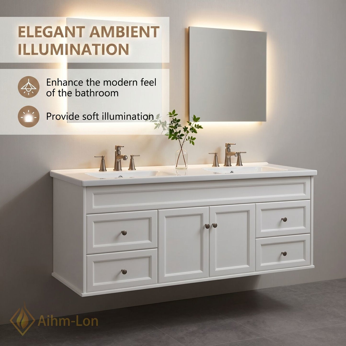 60''-96'' Double Bathroom Vanity with Sink Flush Panel Glass Cabinet Drawers Solid Wood
