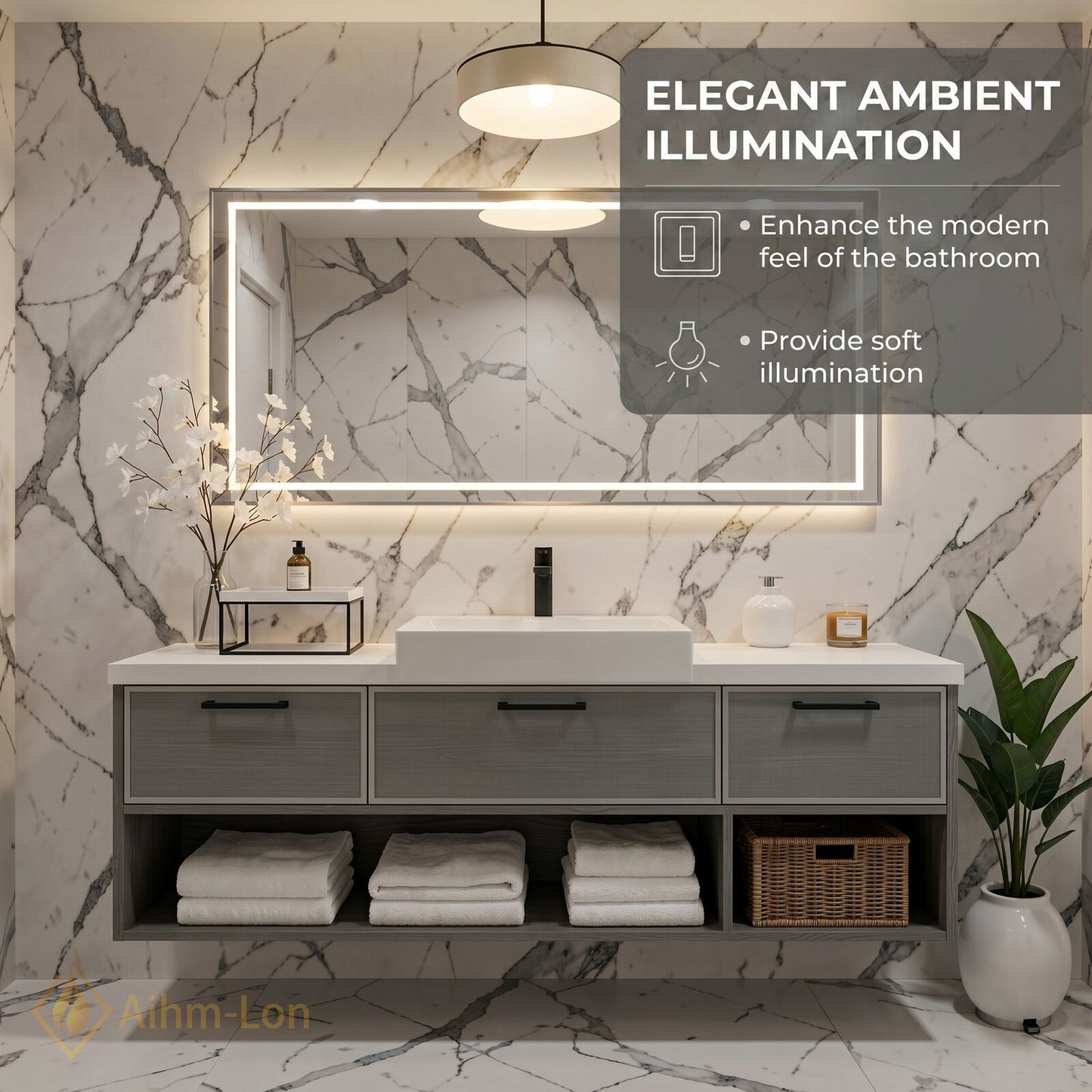 40''-64'' Floating Bathroom Vanity with Sink Grey Mesh Three Drawers Open Shelving