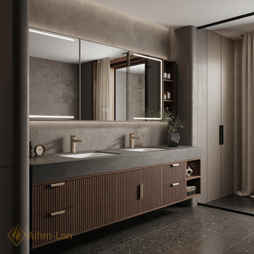 60''-96'' Double Bathroom Vanity with Sink Modern Wall-Mounted Dark Walnut Slatted Panel