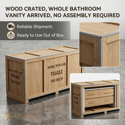 60''-96'' Modern Bathroom Vanity with Sink Floating Oak Grain Gold Tone Drawers