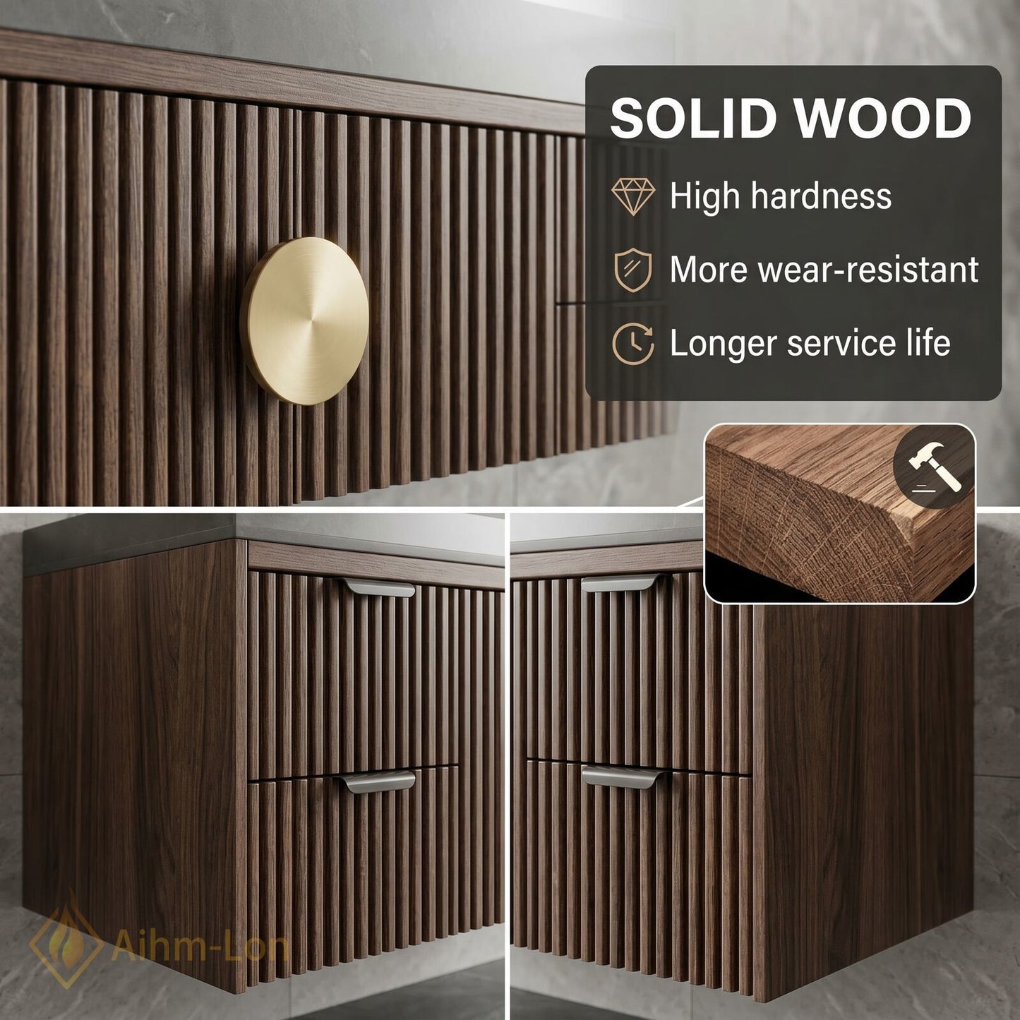 70''-96'' Double Bathroom Vanity with Sink Modern Slatted Vertical Panels Solid Brass