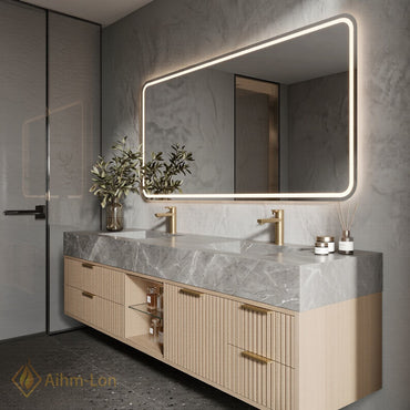 76''-96'' Double Bathroom Vanity with Sink Ridged Panel Front Grey Marble Top