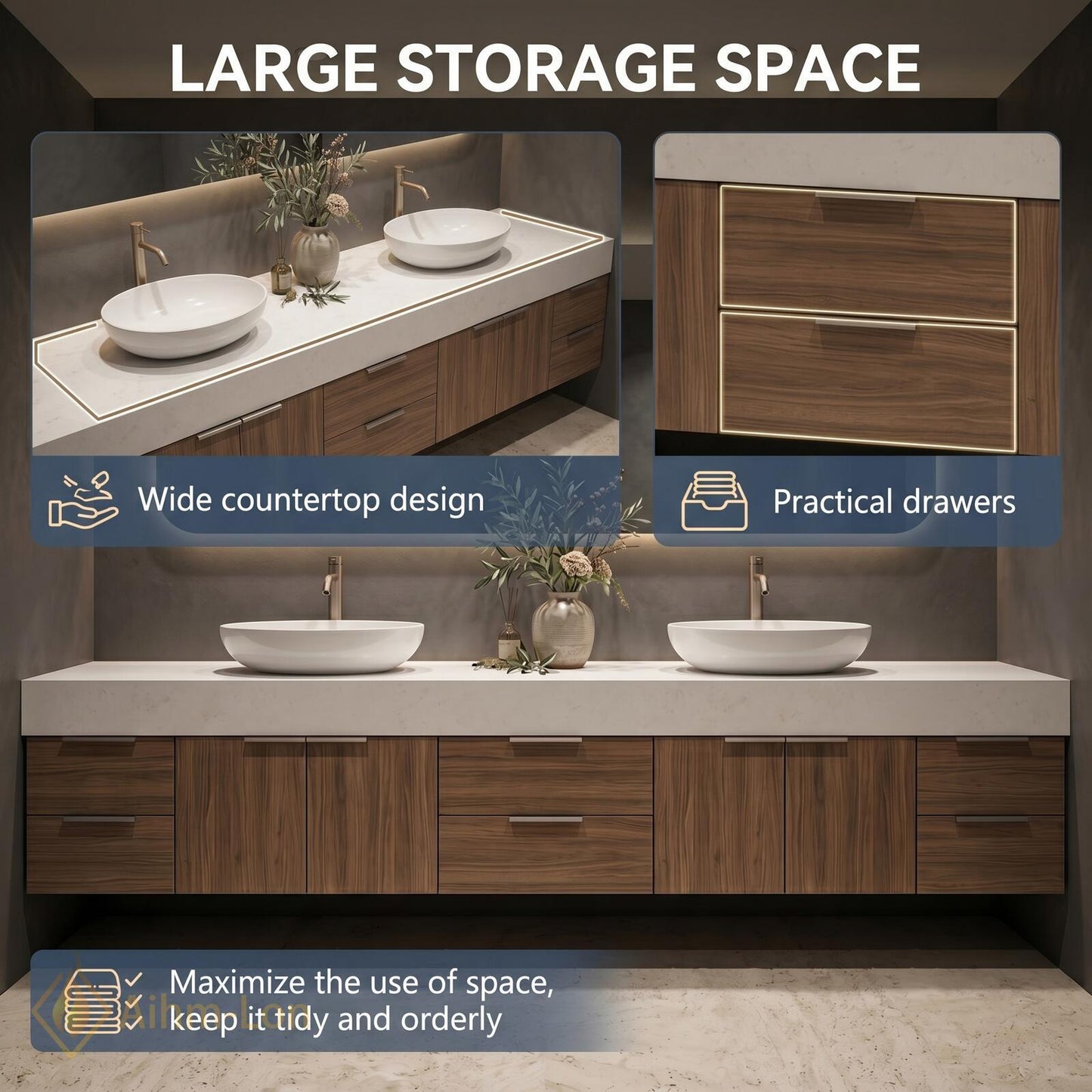 60''-96'' Double Bathroom Vanity with Sink Wood Modern Floating Basins Dual Clean