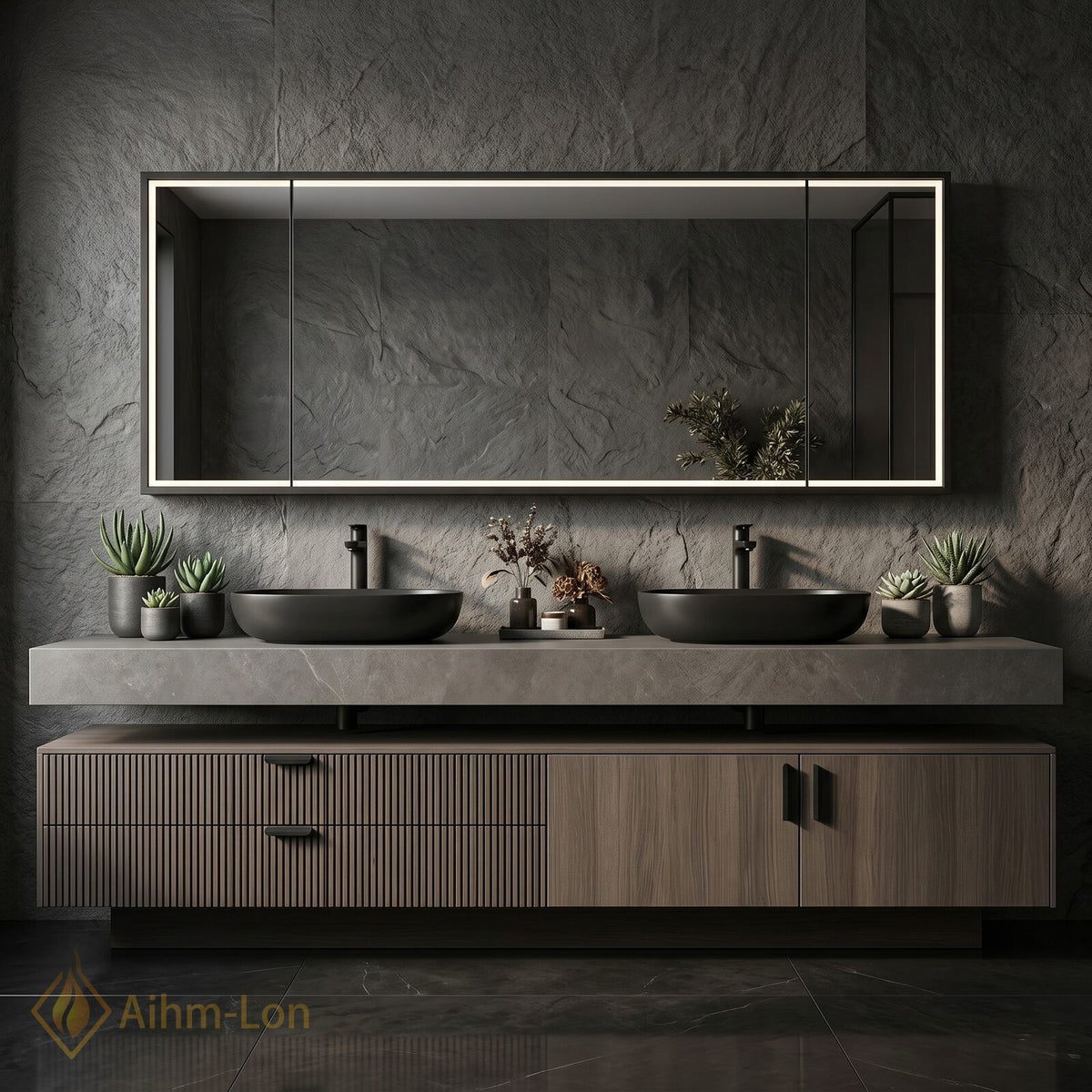 60''-96'' Double Bathroom Vanity with Sink Slatted Panel Grey Stone Top