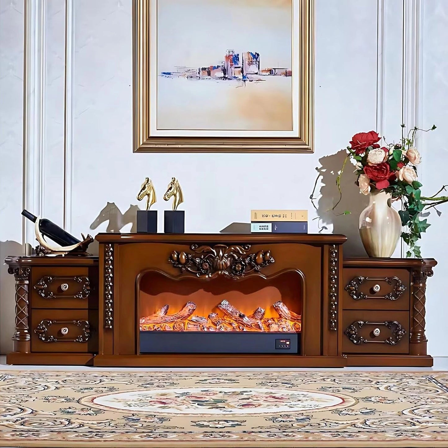 Aihm-Lon Luxurious Electric Fireplace Includes Vintage Carving with 4 Drawers 81”