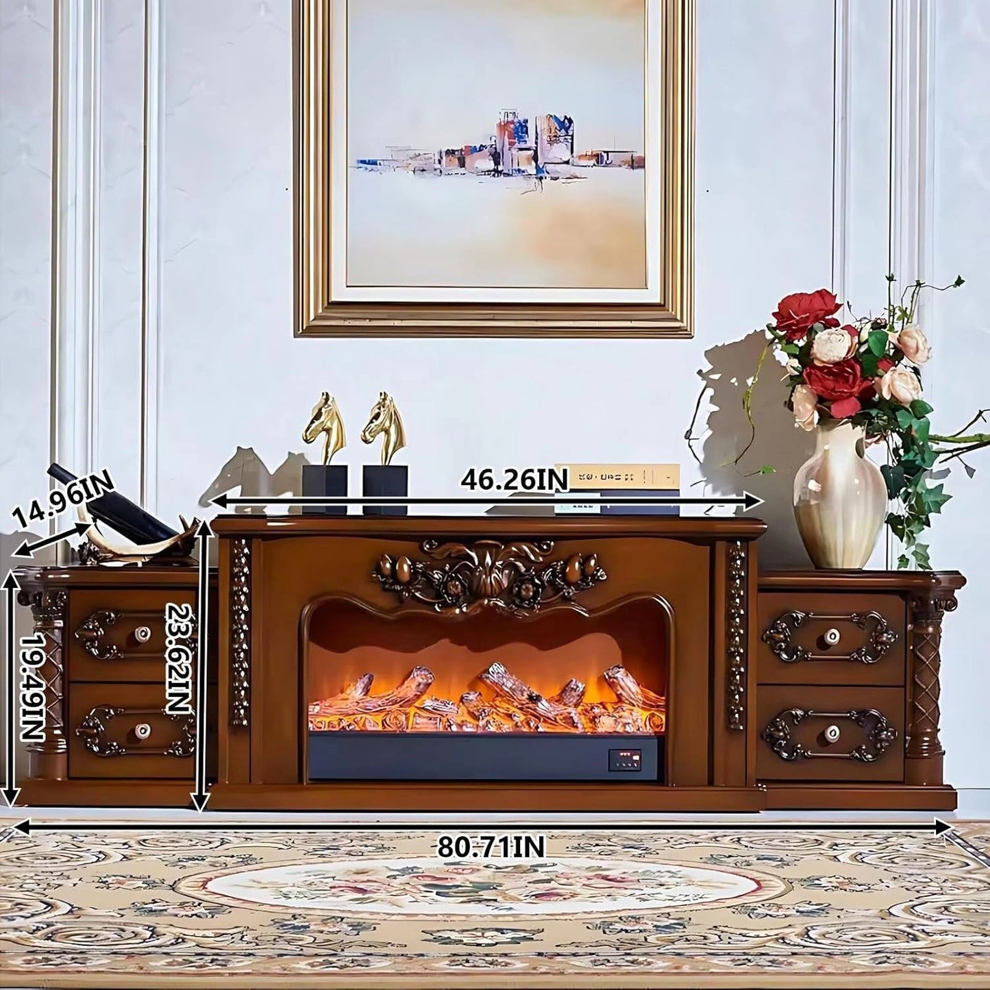 Aihm-Lon Luxurious Electric Fireplace Includes Vintage Carving with 4 Drawers 81”