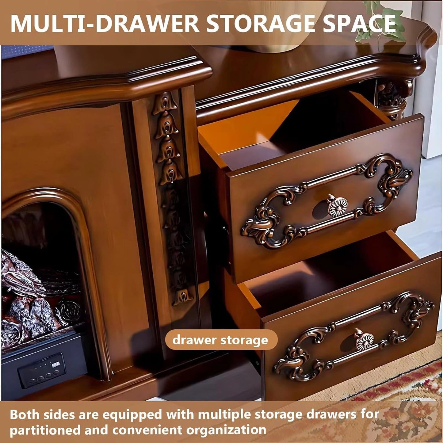 Aihm-Lon Luxurious Electric Fireplace Includes Vintage Carving with 4 Drawers 81”