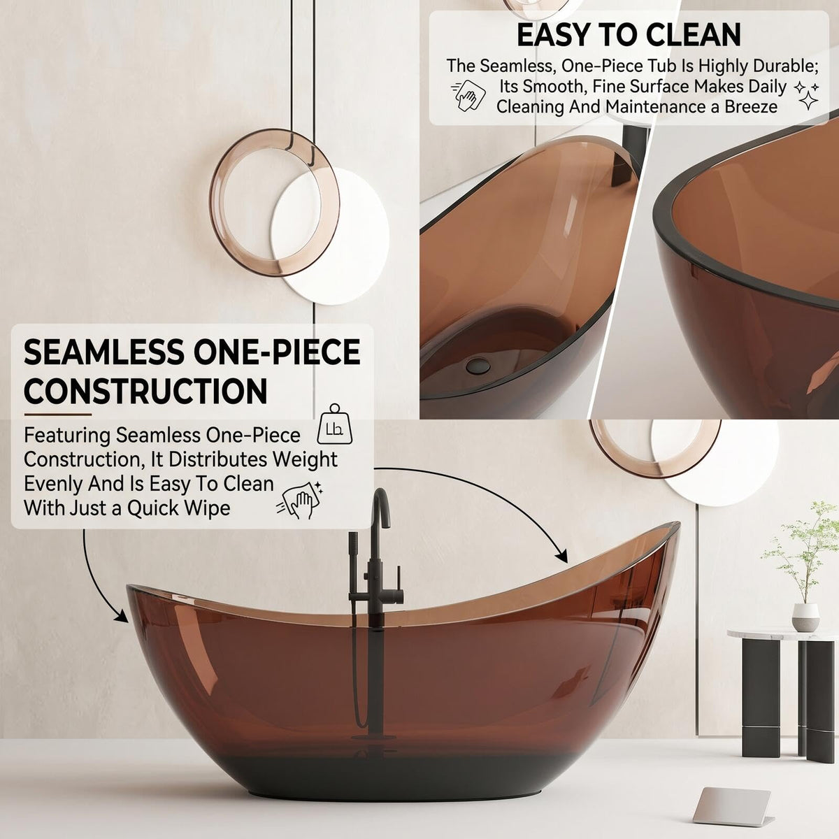 67" Bathtub Curved Shape Soaking Bath Tubs with  Colorful Transparent Resin