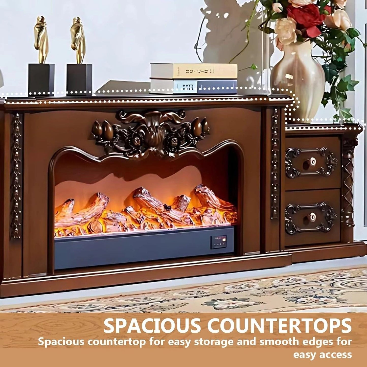 Aihm-Lon Luxurious Electric Fireplace Includes Vintage Carving with 4 Drawers 81”