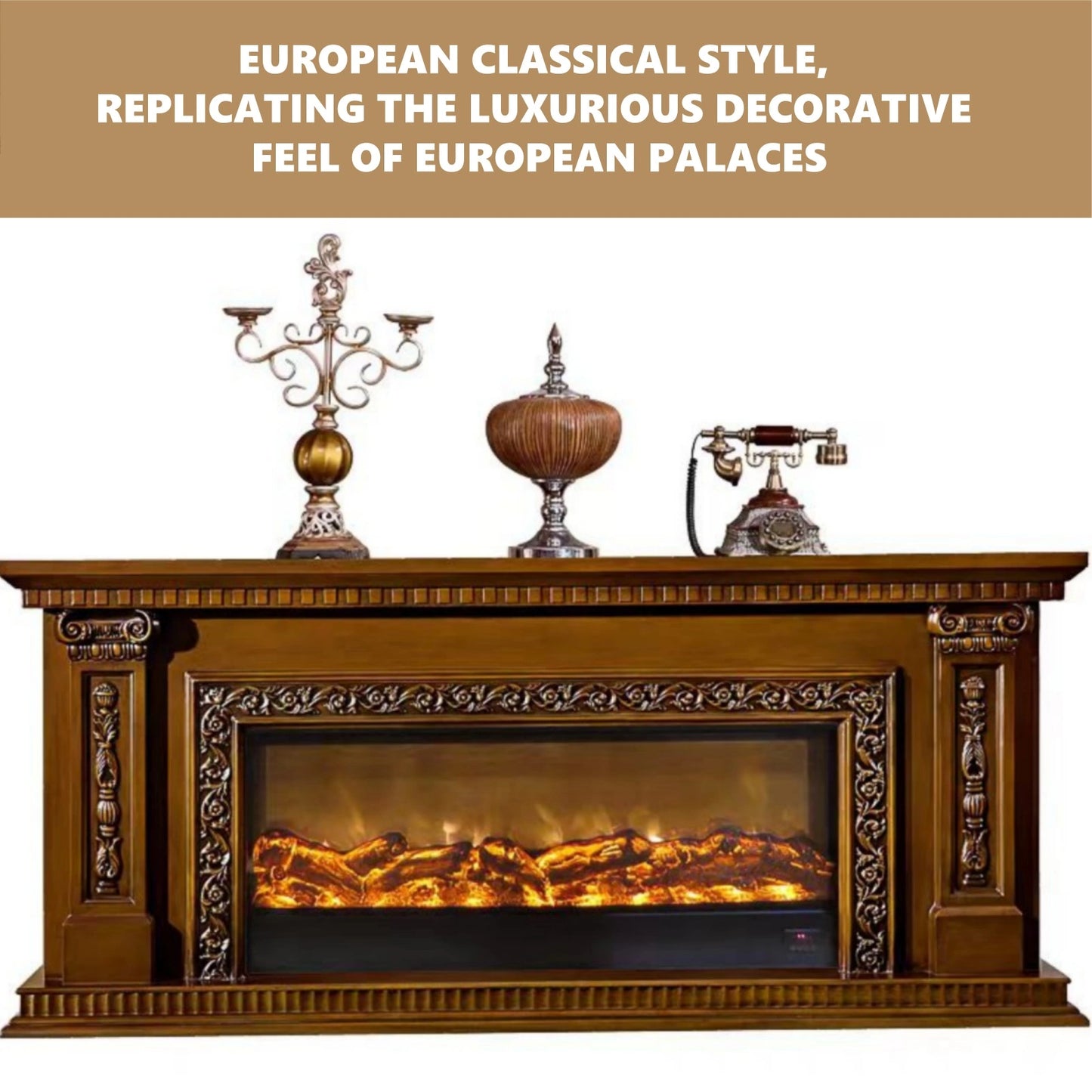 Aihm-Lon Brown Electric Fireplace with Vintage Pattern Engraving 79”