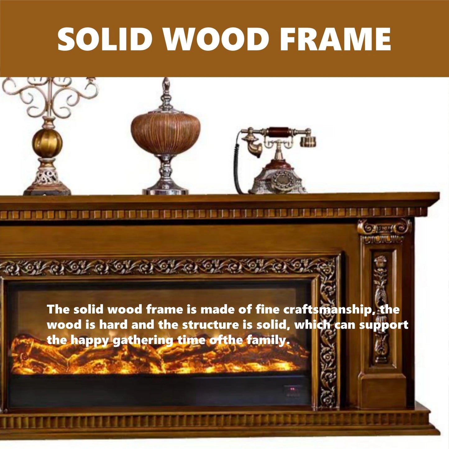 Aihm-Lon Brown Electric Fireplace with Vintage Pattern Engraving 79”