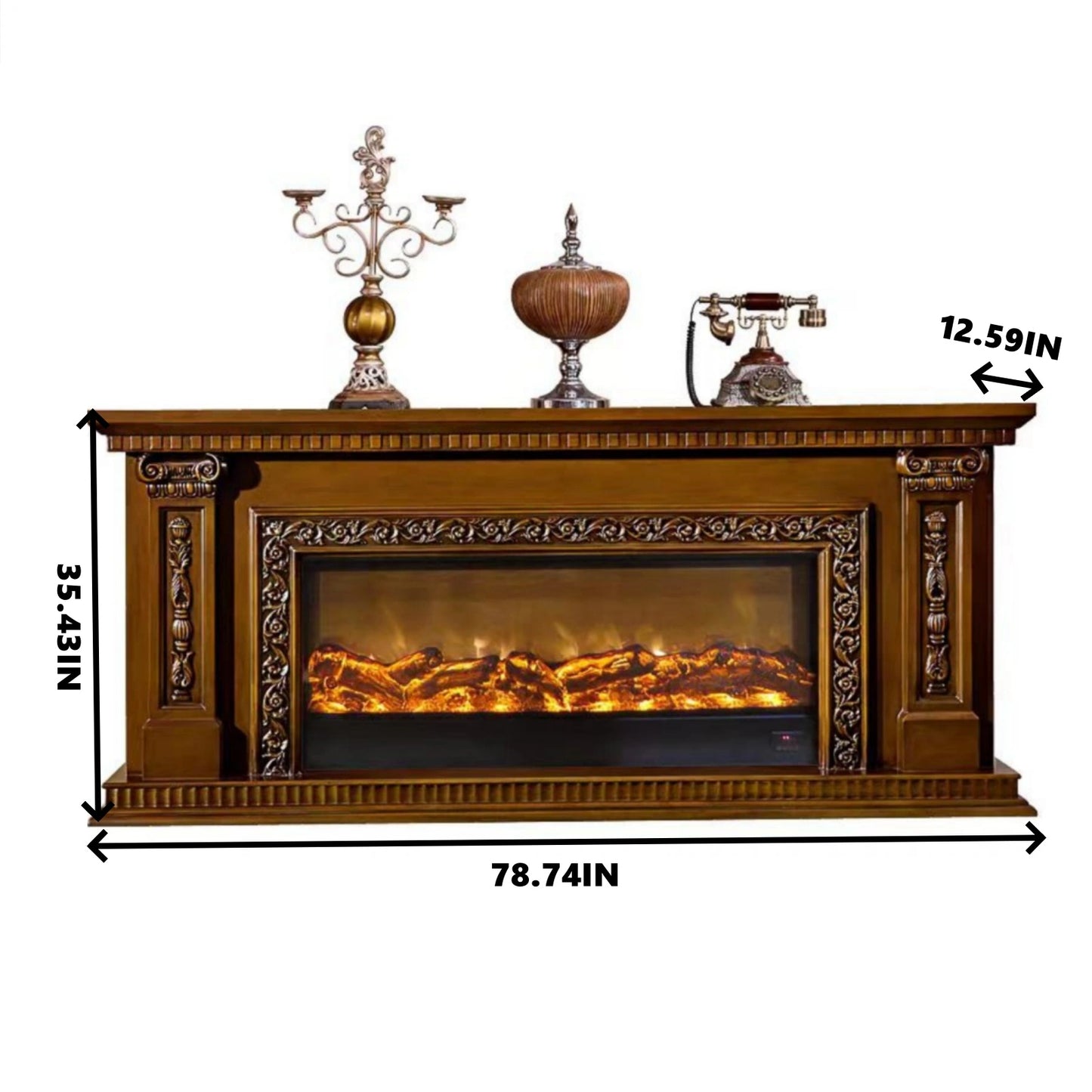 Aihm-Lon Brown Electric Fireplace with Vintage Pattern Engraving 79”