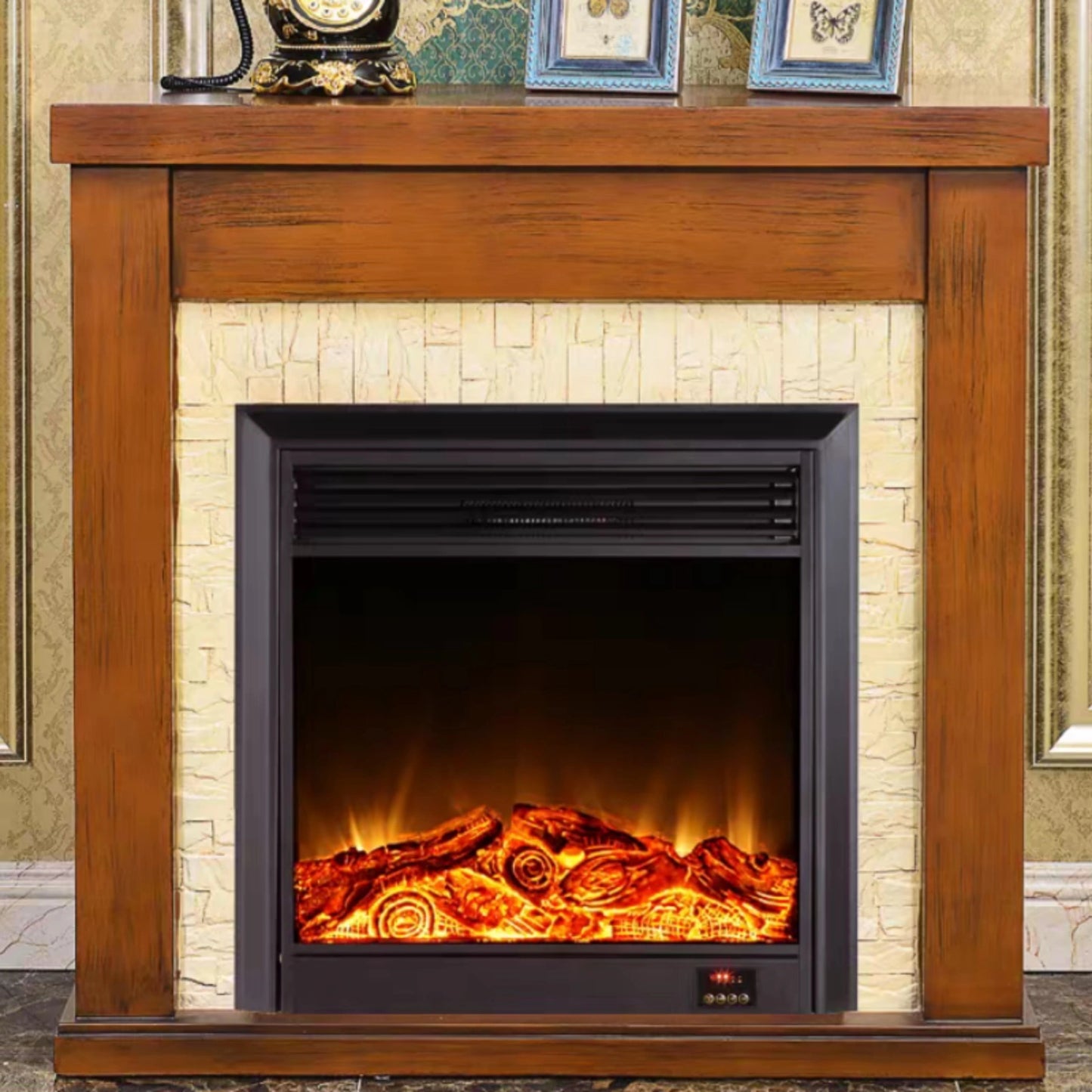 Aihm-Lon Retro Minimalist Electric Fireplace Solid Wood Base 39”