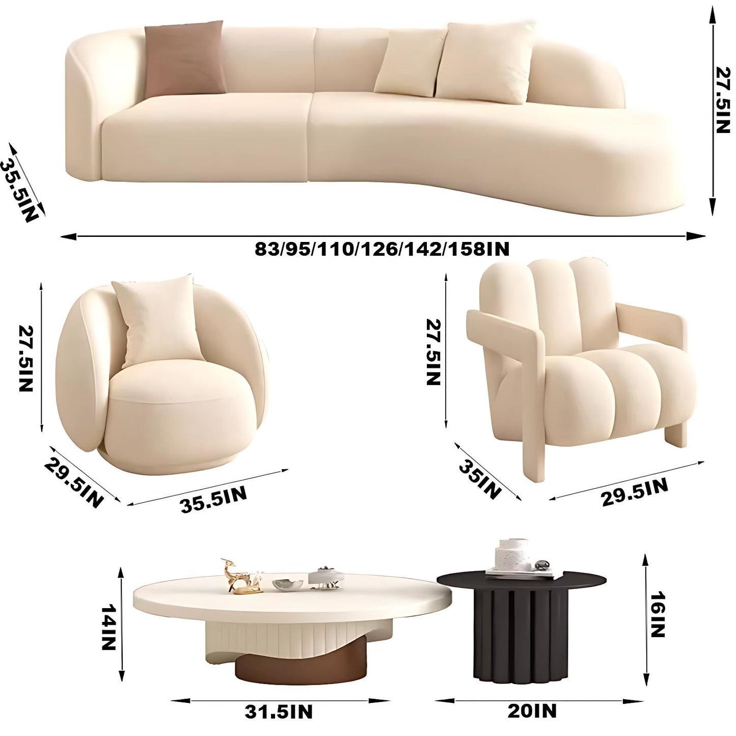 Aihm-Lon Luxury Modular Sofa Set with Stool and Coffee Table 83"-158"