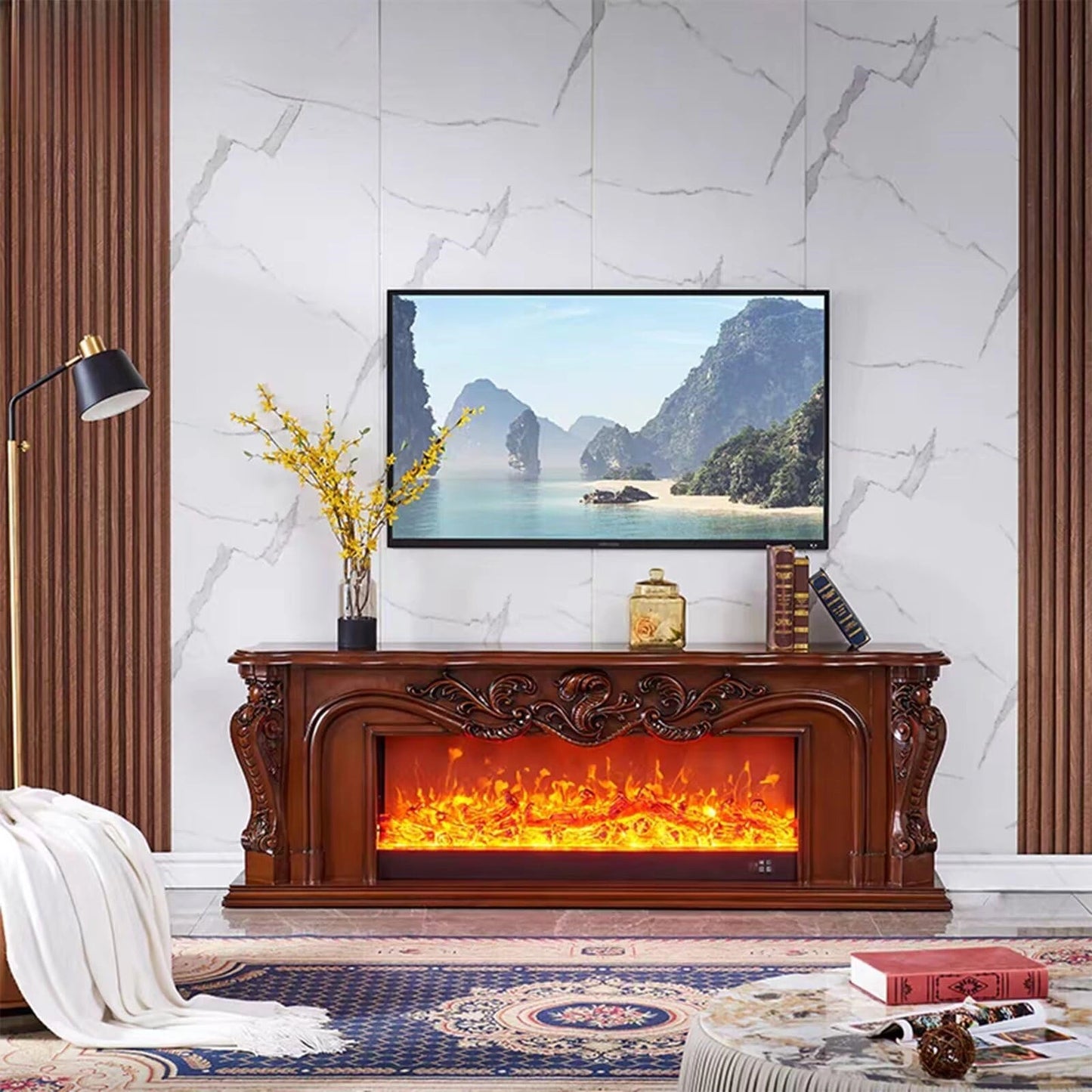 Aihm-Lon Brown Electric Fireplace with Decorative Flame  59"-79"