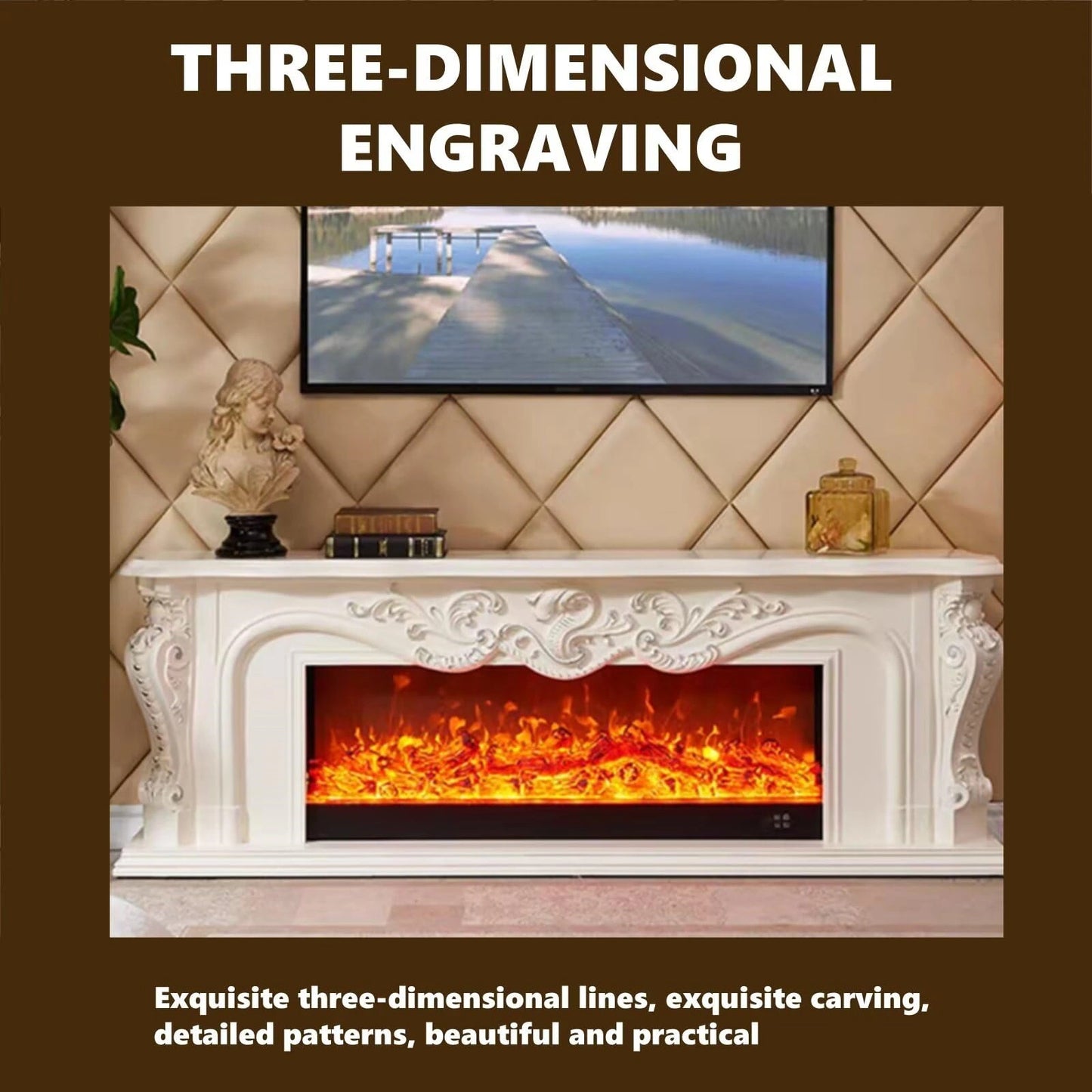 Aihm-Lon White Electric Fireplace with Decorative Flame 59"-79"