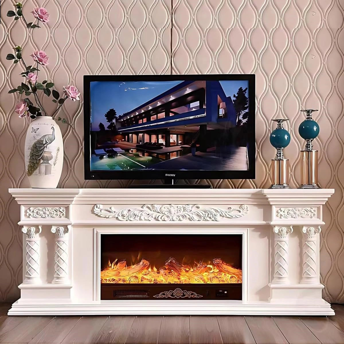 Aihm-Lon White Decorative Electric Fireplace Heater with Carved Wood Design 71"