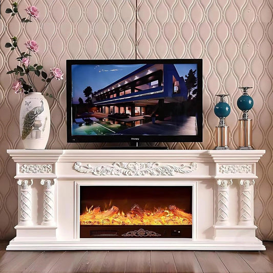 Aihm-Lon White Decorative Electric Fireplace Heater with Carved Wood Design 71"