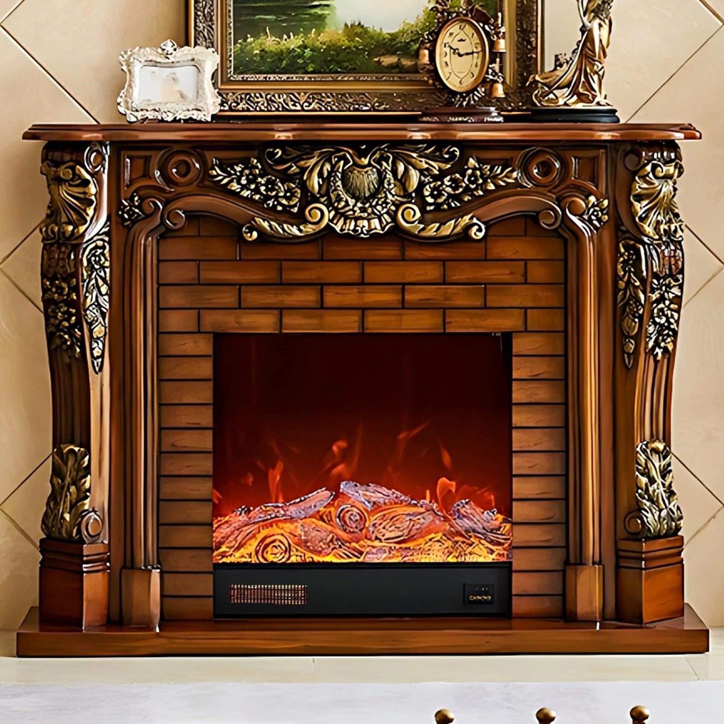 Aihm-Lon Electric Fireplace Heater with Retro Brick and Side Carving Design 59.05"