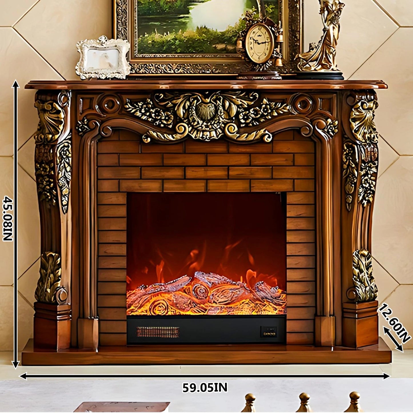 Aihm-Lon Electric Fireplace Heater with Retro Brick and Side Carving Design 59.05"
