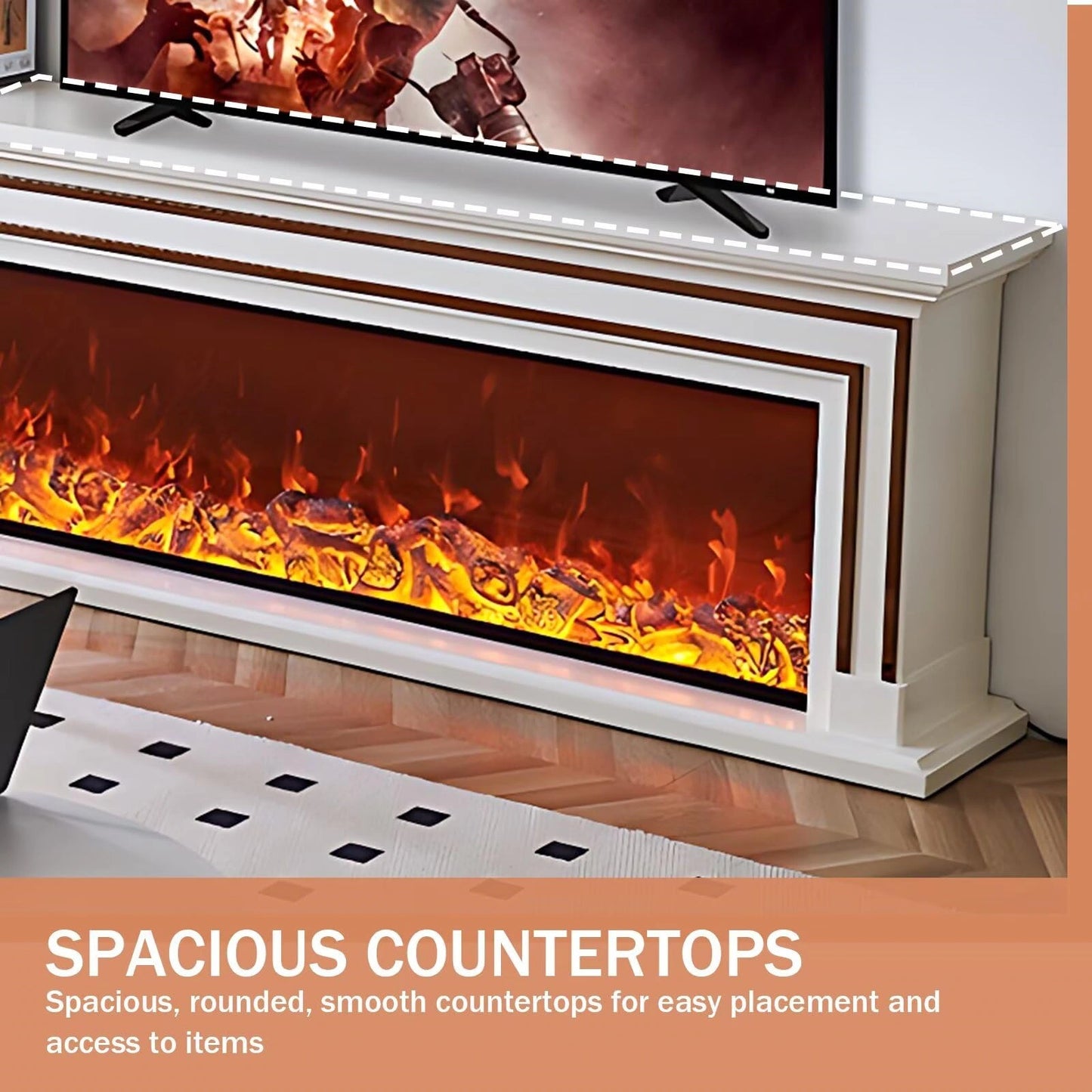 Aihm-Lon White Electric Fireplace with Decorative Flame Brown Line Design 71"-79”