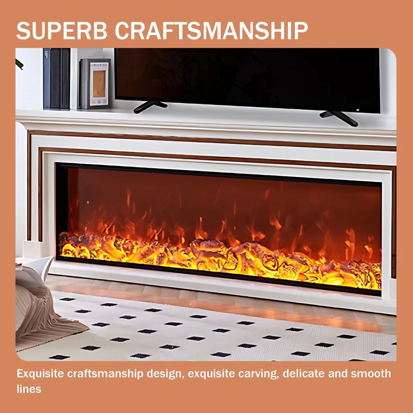 Aihm-Lon White Electric Fireplace with Decorative Flame Brown Line Design 71"-79”