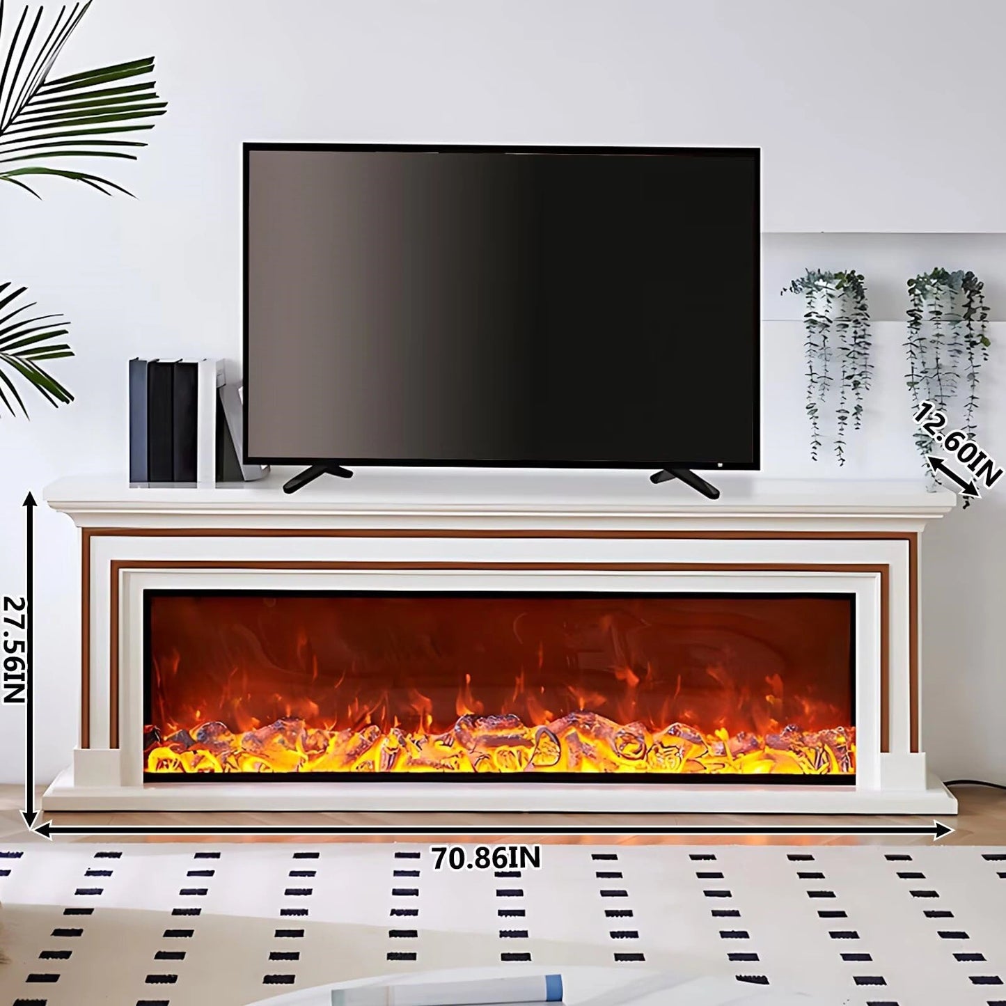 Aihm-Lon White Electric Fireplace with Decorative Flame Brown Line Design 71"-79”