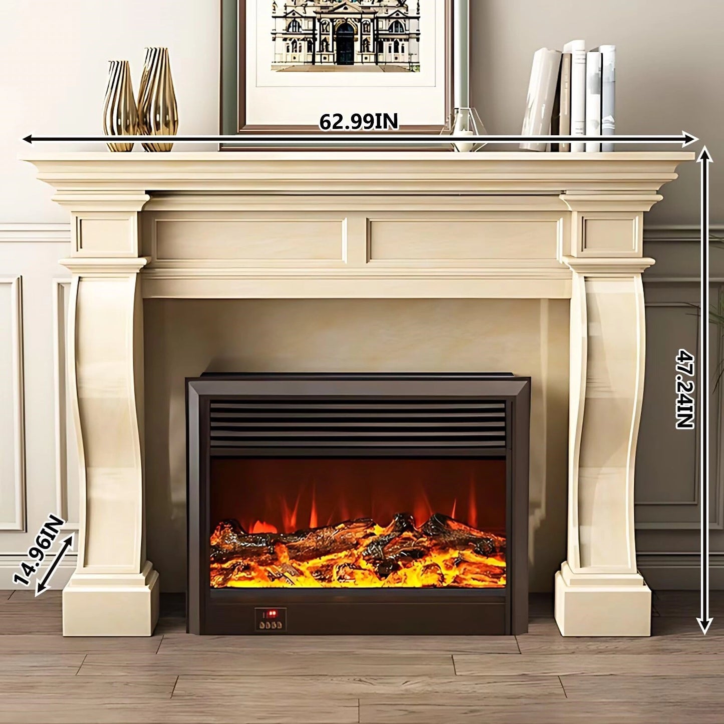 Aihm-Lon Beige Electric Fireplace Heater with Realistic Flame and Removable Mantel 62.99"