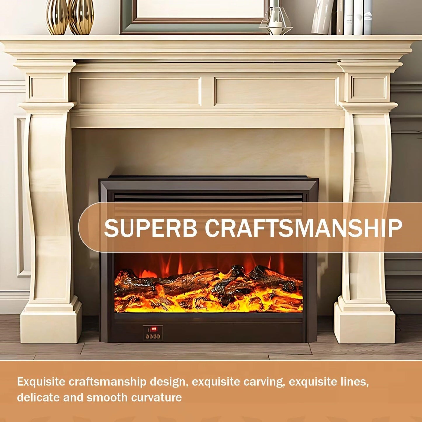 Aihm-Lon Beige Electric Fireplace Heater with Realistic Flame and Removable Mantel 62.99"