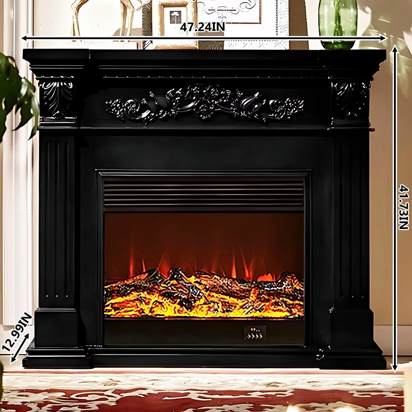 Aihm-Lon Black Electric Fireplace Heater with Mantel and Realistic Flame 47.24"