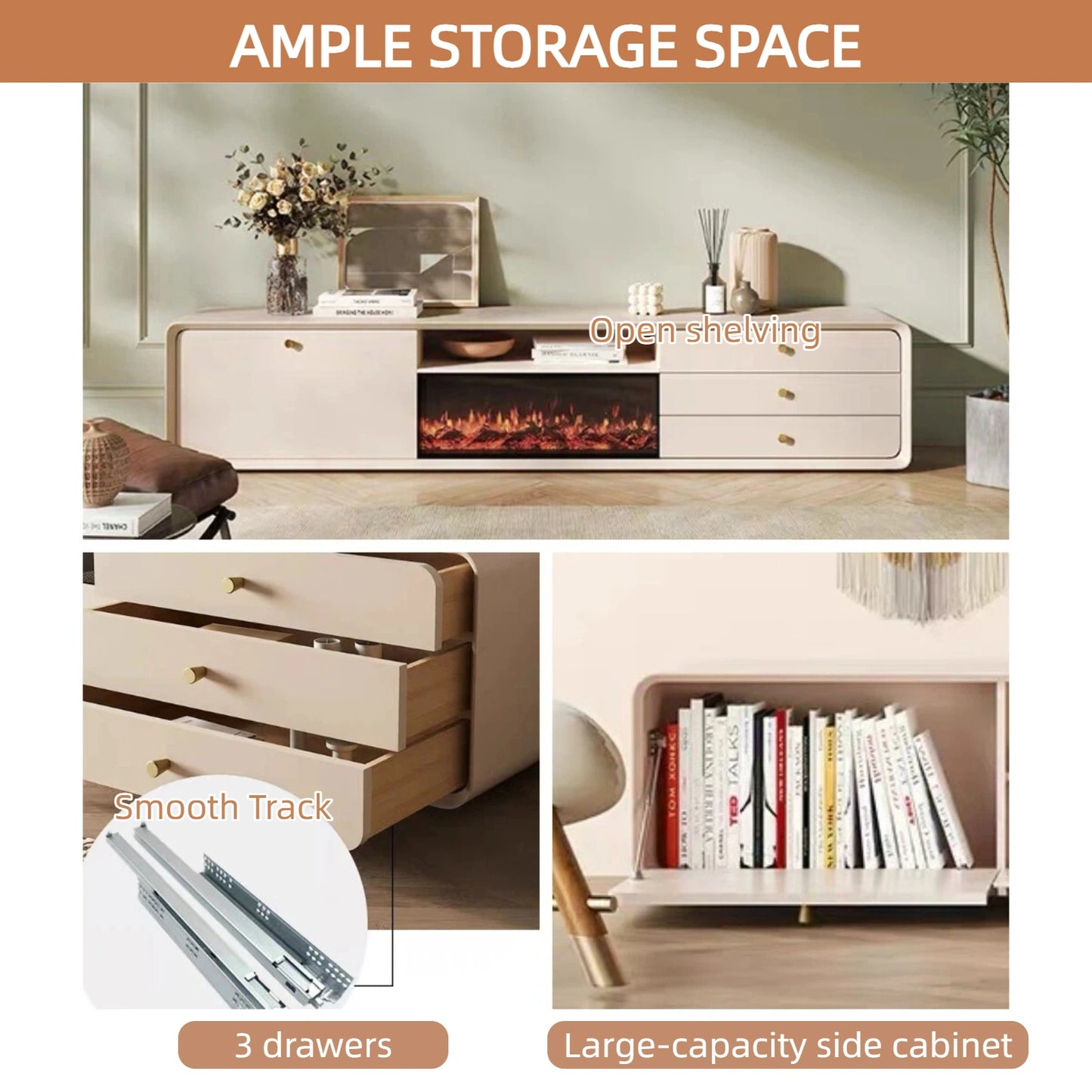 Aihm-Lon Indoor Electric Fireplace with Side Cabinet and 3 Drawers 79”-87"