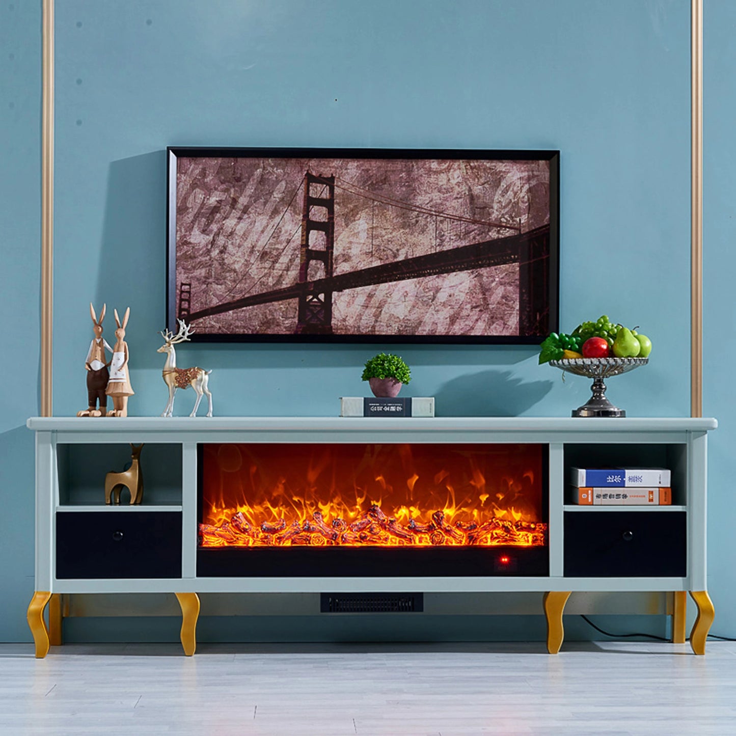 Aihm-Lon Electric Fireplace with Blue Drawers & Open Storage Space 79”