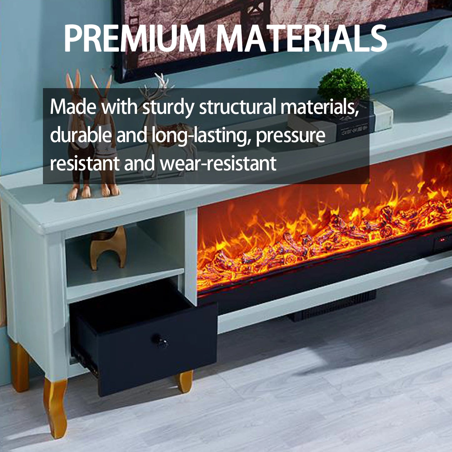 Aihm-Lon Electric Fireplace with Blue Drawers & Open Storage Space 79”