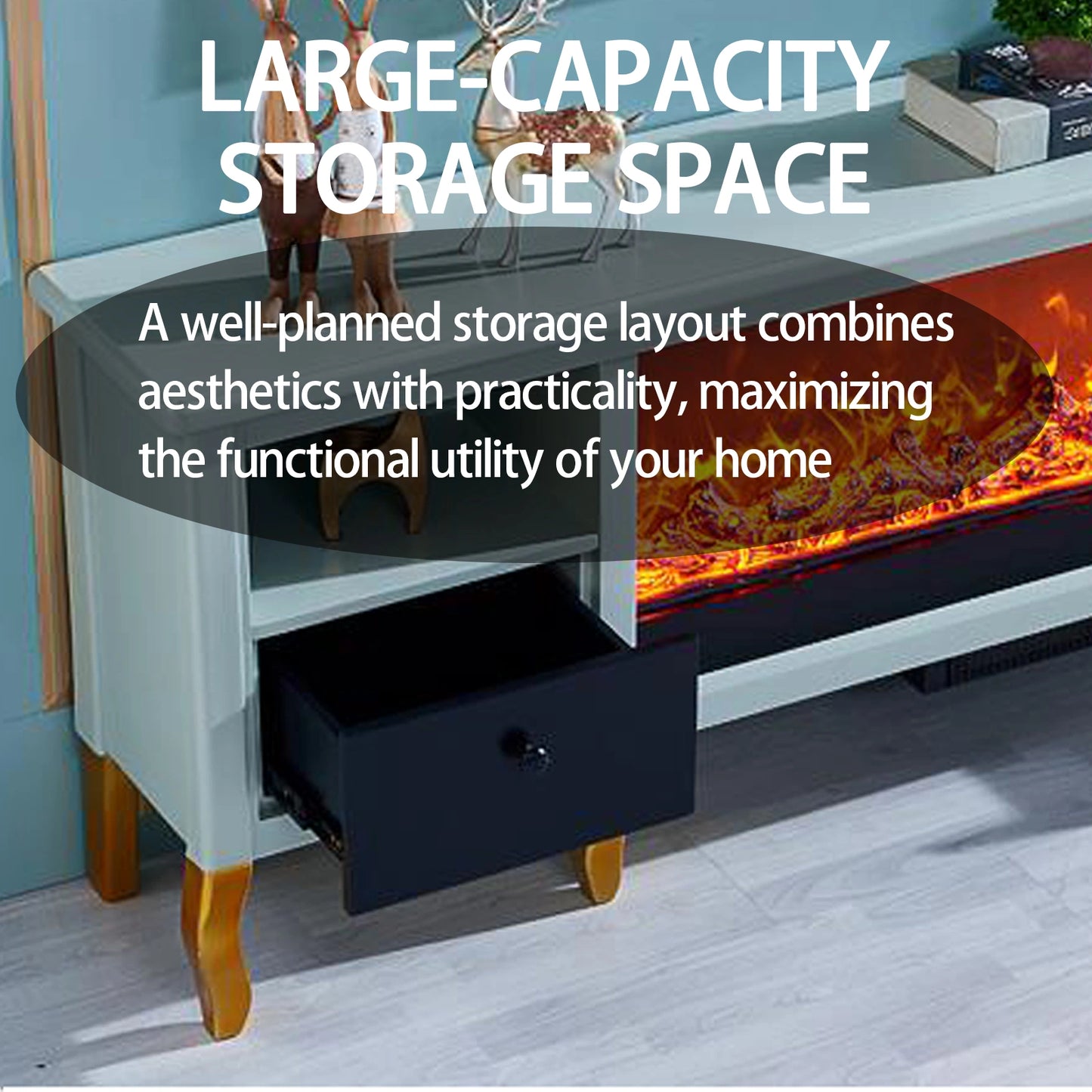 Aihm-Lon Electric Fireplace with Blue Drawers & Open Storage Space 79”